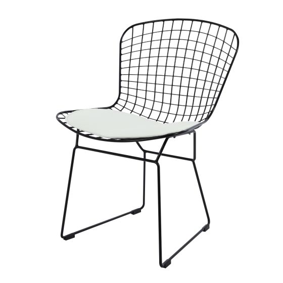 Cadeira de jantar Bertoia estrutura preta almofada branca