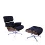 Eames EA670 | Loungestol med Hocker | skinn:svart skall:valnøttbunn:polert