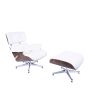 Eames EA670 | Loungestol med Hocker | skinn:hvitt skall:valnøttbunn:polert