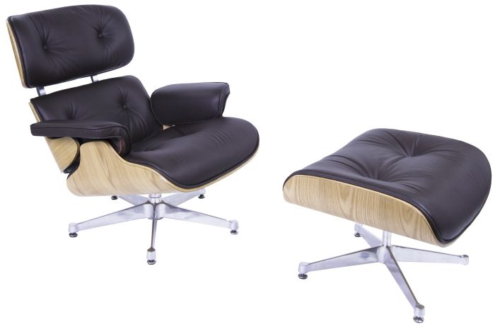 Eames EA670 | Loungestol med Hocker | skinn:brunt skall:askebunn:polert