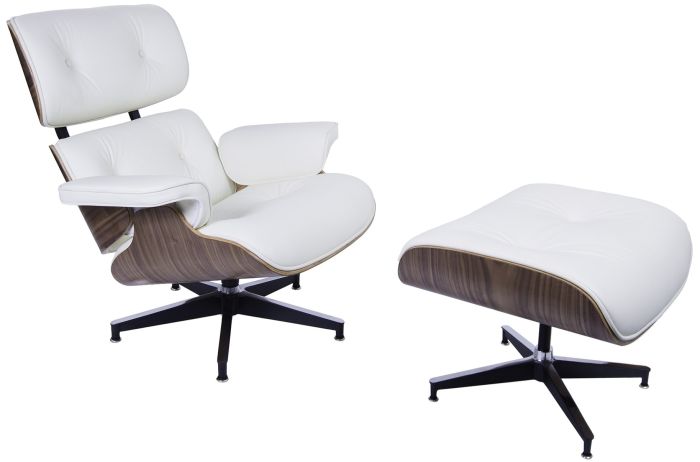 Eames EA670-XL | XL Loungesessel mit Hocker | Leder: creme Schale: Walnuss Gestell: schwarz
