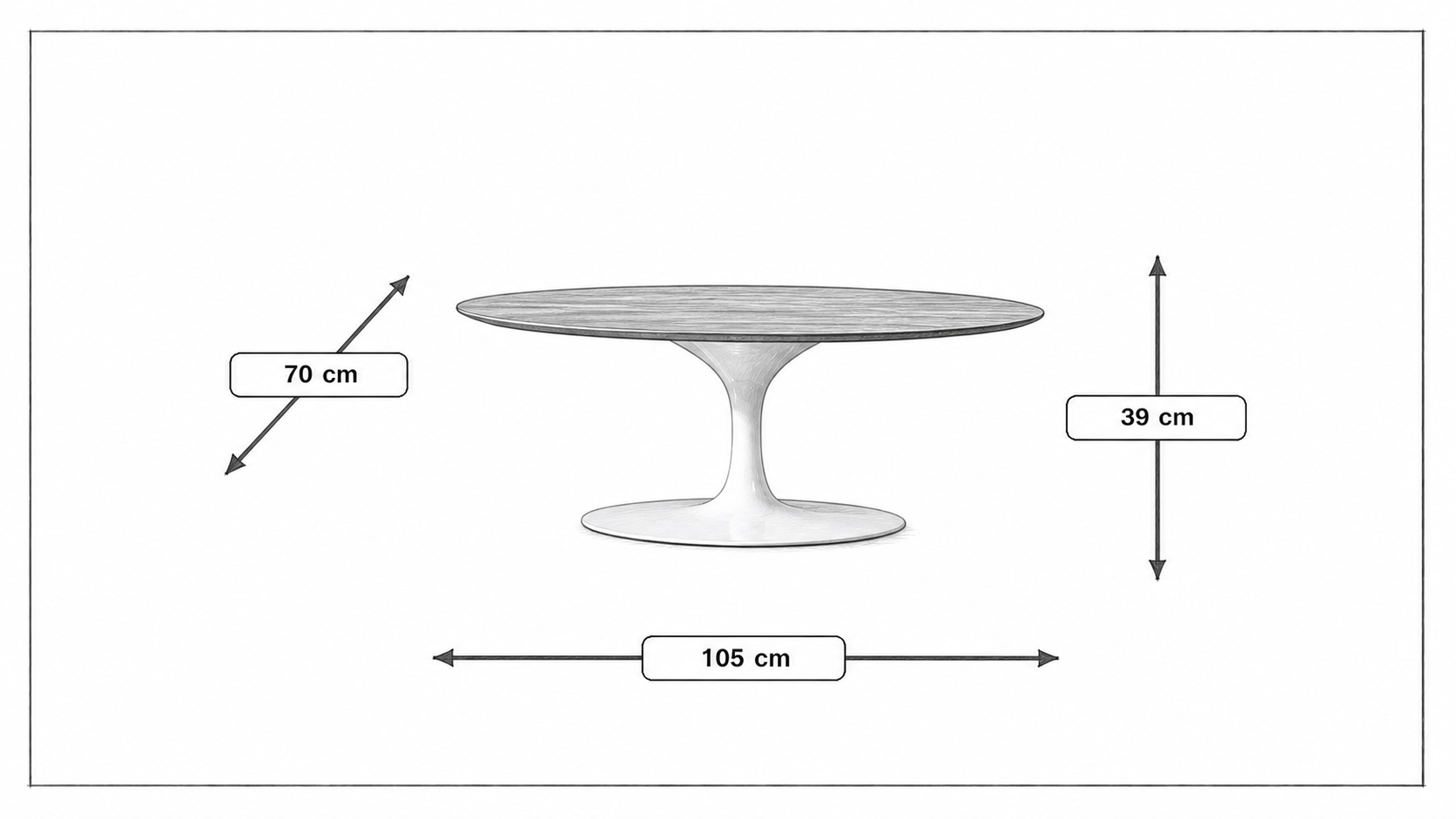 Product dimensions for Coffee table Tulip Table Oval Top walnut Base white