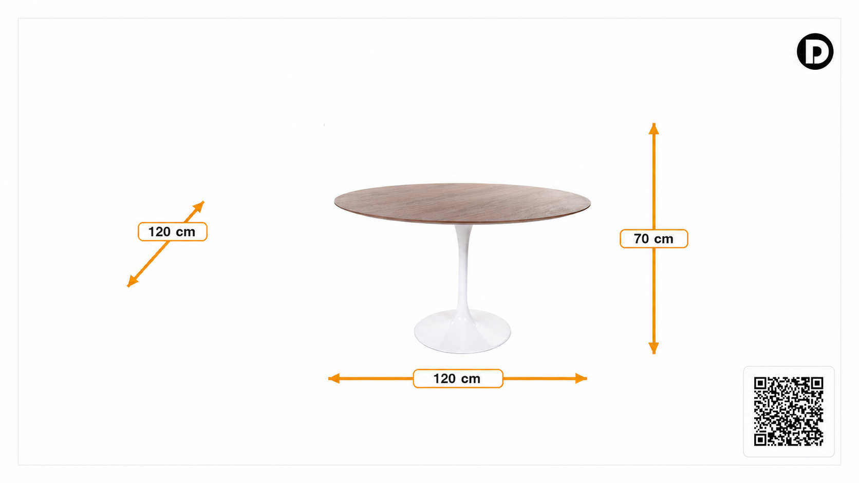 Abmessungen von Esstisch Tulip Table 120cm Platte Nussbaum Basis weiß
