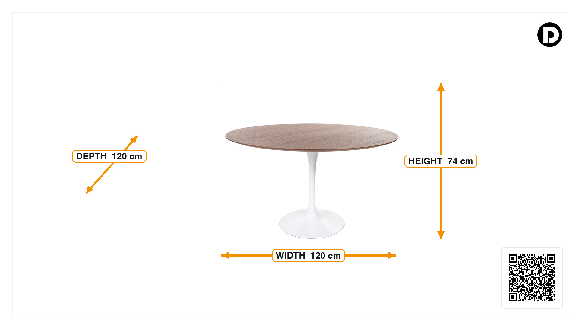 Product dimensions for Dining table Tulip Table 120cm Top walnut Base white