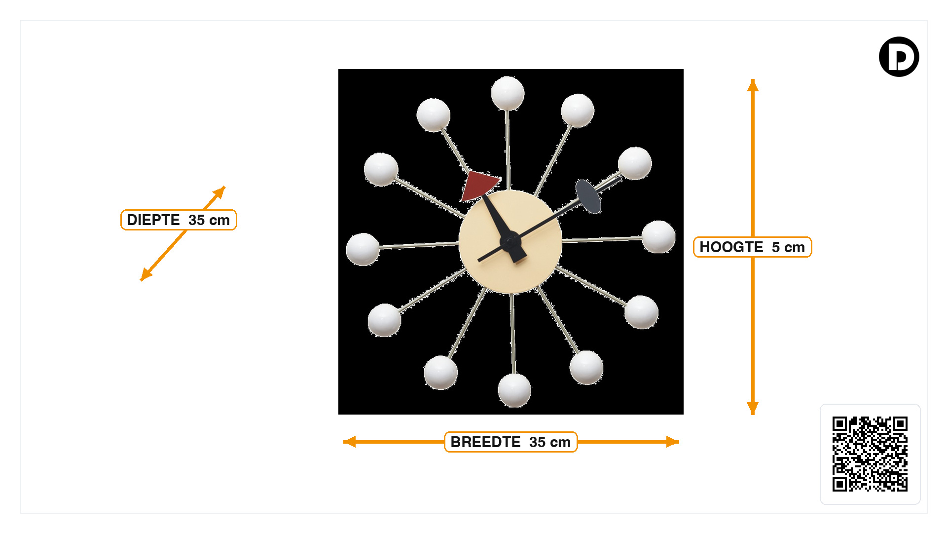 Afmetingen van Wandklok Ball Klok wit